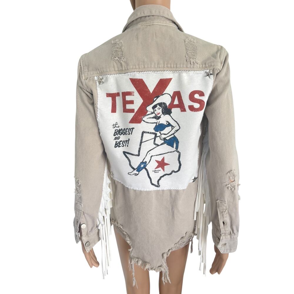 Upcycled Texas Americana Distressed Fringe Denim Shacket Jacket Western S Tan - Picture 4 of 12
